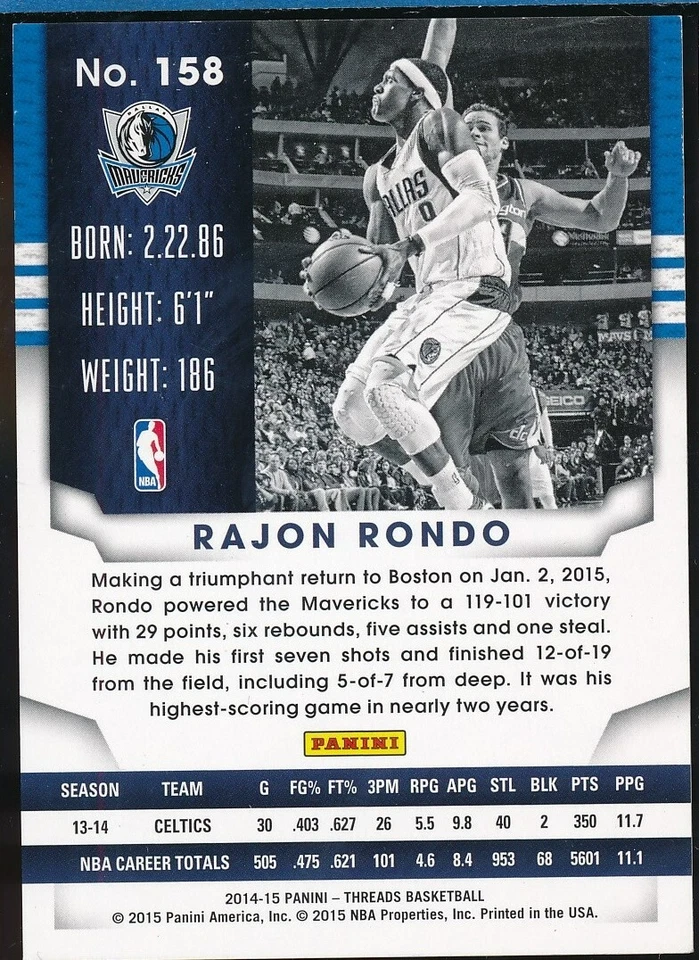 2014-2015 Rajon Rondo, Panini Threads, Numbered 062/199 Dallas mavericks NBA SP - Image 2 of 2