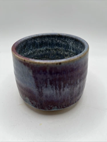 Handmade Pottery Trinket Bowl / Fruit Cup /Purple/ Blue Glaze Signed Avon NY