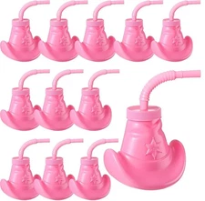 Gerrii 20Pcs 10 oz Plastic Pink Cowgirl Hat Cups with Straws and Lids Birthday
