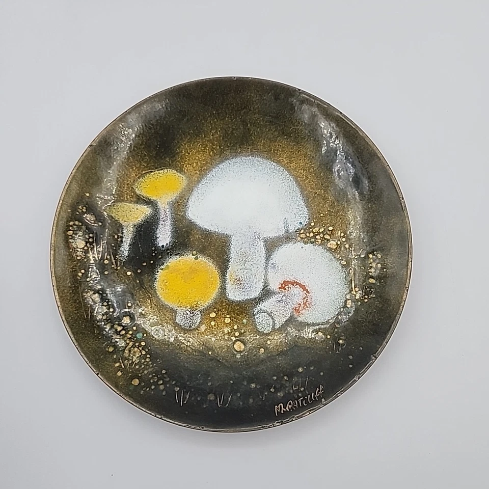 Esmalte pintado a mano MCM vintage en plato de cobre M. Ratcliff champiñones verde oliva Foto 3 de 4