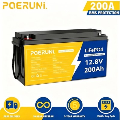 2560Wh 12V 200Ah Lithium LiFePO4 Battery 200A BMS for Solar Off-Grid Camp RV