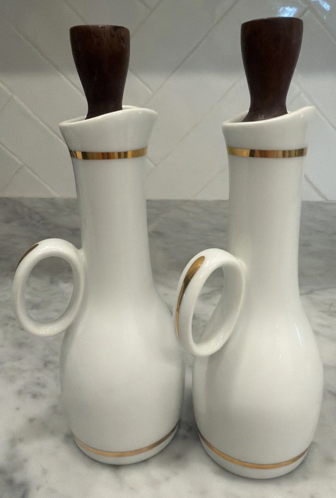 Royal Worcester Oil & Vinegar 6” Cruets White W/ Gold Trim Wood Stopper