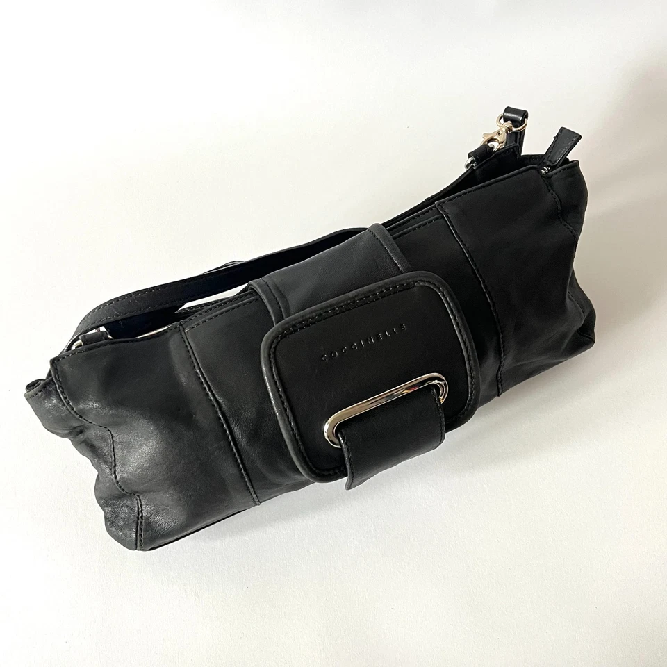 Bolso de Hombro Coccinelle Cuero Negro Bolsillo Mediano con Solapa Italia Años 2000 Cartera Foto 2 de 4