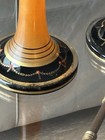 Amber glass and brass candlestick holders with wooden bases — photo 2