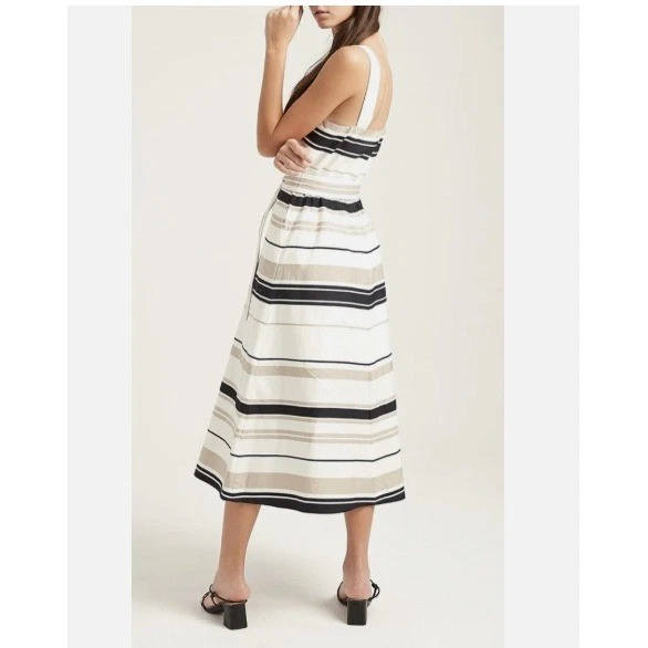 Karen Millen Button Front A Line Tank Sundress Cotton Striped Preppy Size 10 - Image 2 of 4