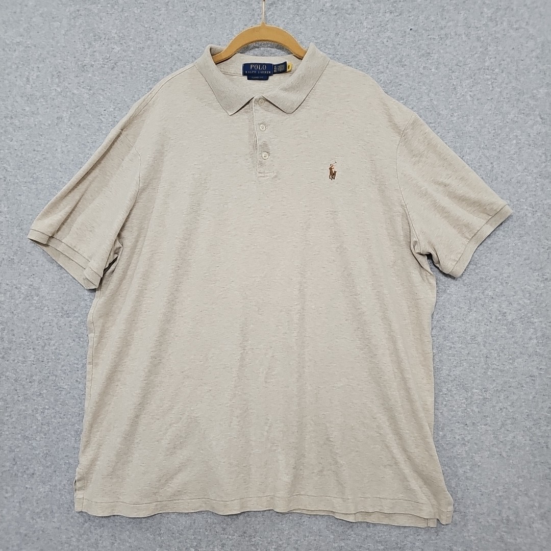 PONY Polo Ralph Lauren camicia cotone piqué polo taglia uomo XL beige con frangia marrone chiaro