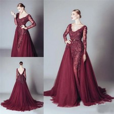 Burgundy Lace Long Sleeve EveningDresses V Neck FormalGown with Detachable Train