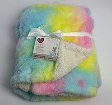 Parents Choice Pink Aqua Blue Yellow Rainbow Tie Dye Sherpa Plush Baby Blanket