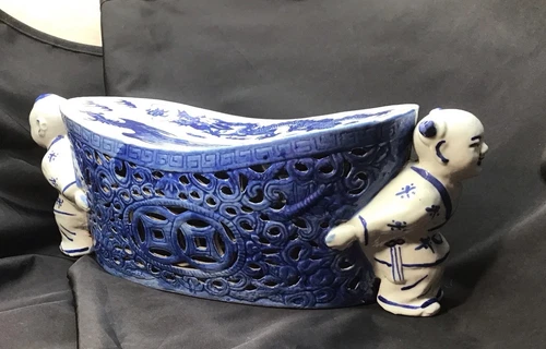 Vintage Chinese Porcelain Blue And White Boy And Girl Headrest Pristine - Picture 5 of 16