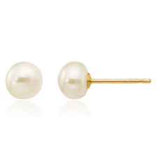 14K Solid Yellow Gold 5mm White Button Freshwater Cultured Pearl Stud Earrings