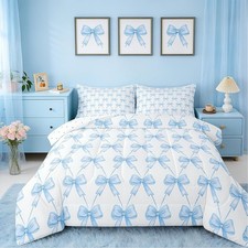 Blue Bow Comforter Set Twin Size Cute Bowknot Bedding Set Boys Girls Kawaii