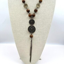Vintage 80s Long Boohoo Wood Bead Metal Disc Tassel Necklace Statement Jewelry