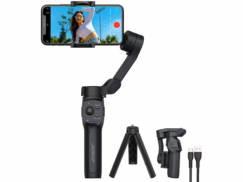 Stabilisateur 3 axes smartphone GIM-100 Somikon rechargeable noir