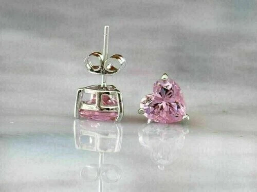 4Ct Heart Cut Created Pink Diamond Solitaire Stud Earrings 14K White Gold Plated - Image 2 of 4