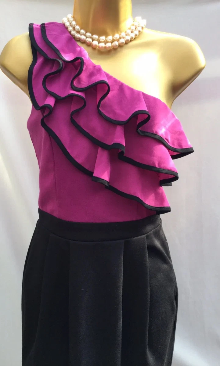 New Lipsy Size 8 Frill One Shoulder Raspberry Black short Pencil wiggle Dress