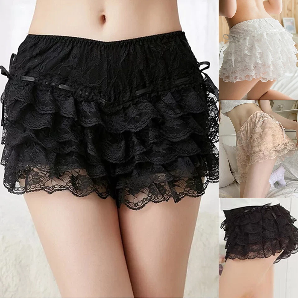 Ruffle Womens Safety Knicker Shorts Bowknot Frilly Layered Pants Shorts Lace - Image 4 of 4