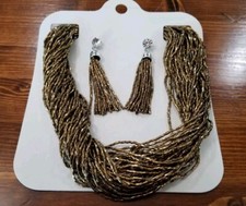 Metalic Brown Bead Statement Necklace And Earring Set New 21in