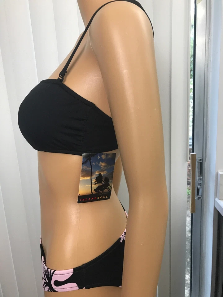 ISLAND SOUL Juniors Dream Bralette and Bottom Bikini Size M Black And Pink - Imagem 2 de 4