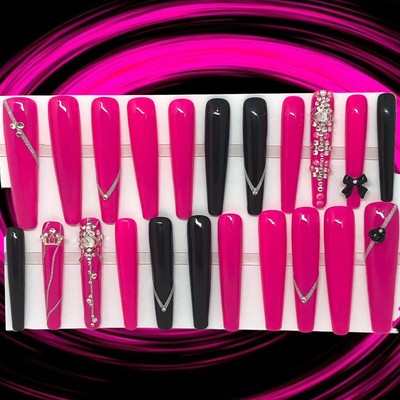 Handmade Custom Press On Nails 2X Long Coffin Gel Hot Pink Black Silver Bling