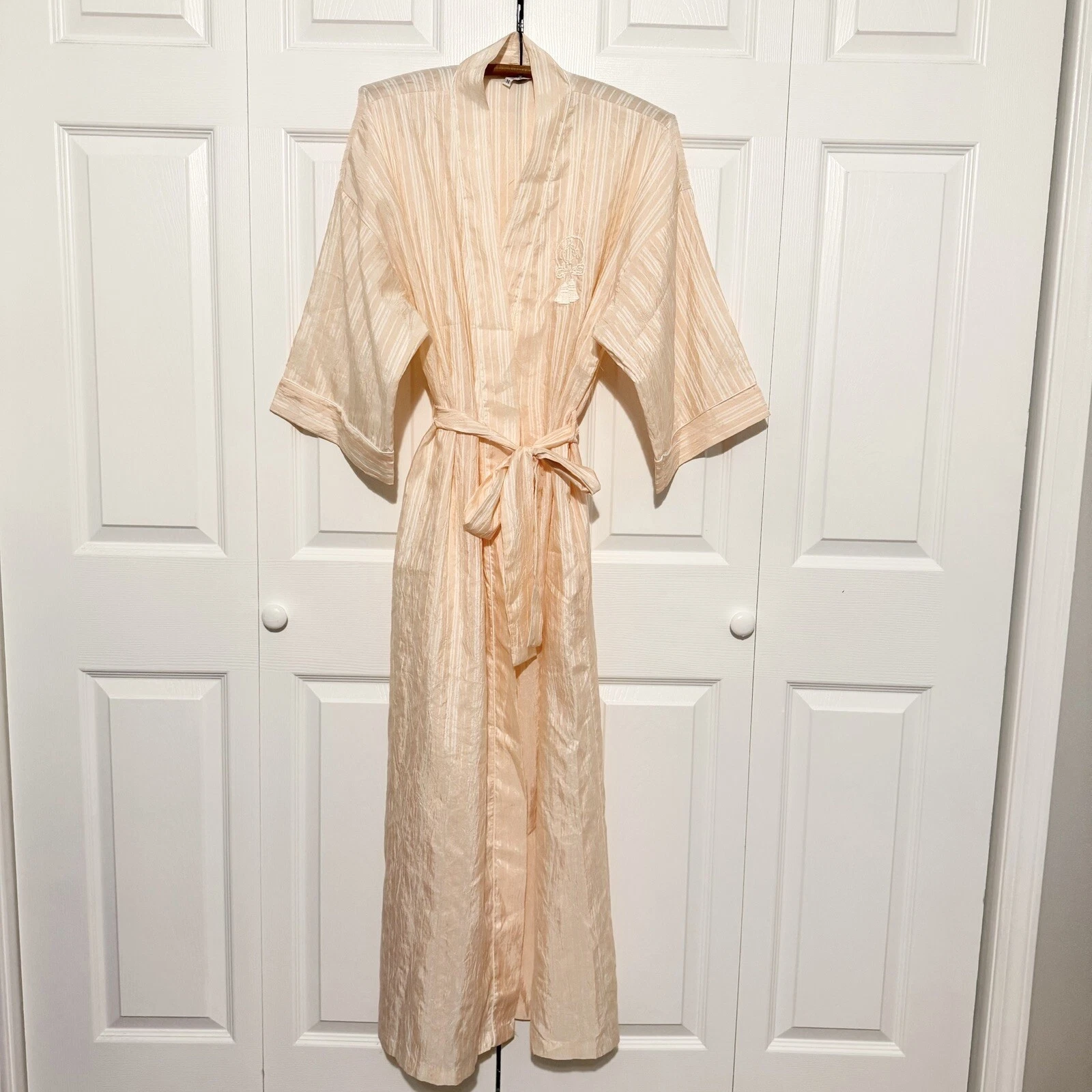 Vintage Christian Dior Peach Striped Long Belted Robe Medium Monogram Logo 80s