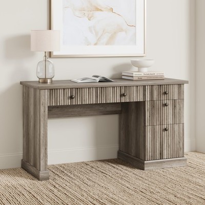 Fluted Home Office Desk Modern Executive Desk with Charging Station & Drawers