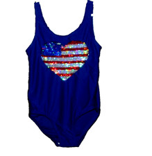 OSHKOSH girls blue swimsuit w/red/white/blue heart done in sequins 4 baby 45 