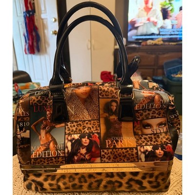Le Miel Pasiion Leopard Magazine Print Satchel Bag Gold Frame Bottom Compartment