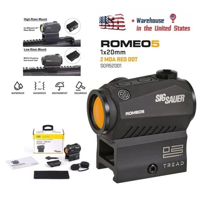 SIG SAUER Romeo5 Tread 1x20mm Closed 2 MOA Red Dot Sight W/2Mounts - SOR52001