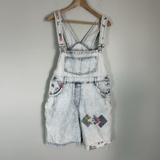 Vintage 90s XL Patchwork Denim Floral Shortalls Shorts Overalls Light Wash Jean
