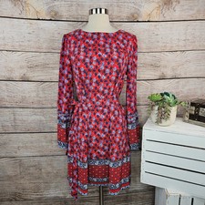 LOFT Red Floral Print Long Sleeve Belted Dress Women's Small