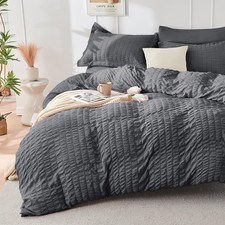 Dark Grey Duvet Cover Queen Size, Ultra Soft 3-Piece Seersucker Duvet Cover Set