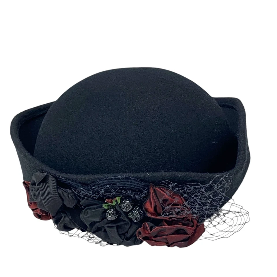 Patricia Shypertt Hat Large Black Wool Felt Red Rose Net Downton Abbey Victorian - Image 2 of 4