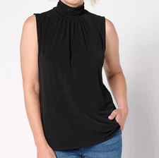 Susan Graver Size 3X Black Liquid Knit Sleeveless Top w/ Ruched Mock-Neck