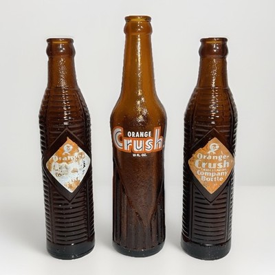 Vintage Orange Crush Amber Glass Bottle Lot of 3 Ribbed Diamond Label 10oz ACL