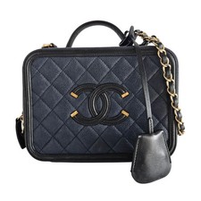 Chanel Black Navy Caviar Leather Filigree Vanity Bag Medium w/ Lock Key Box
