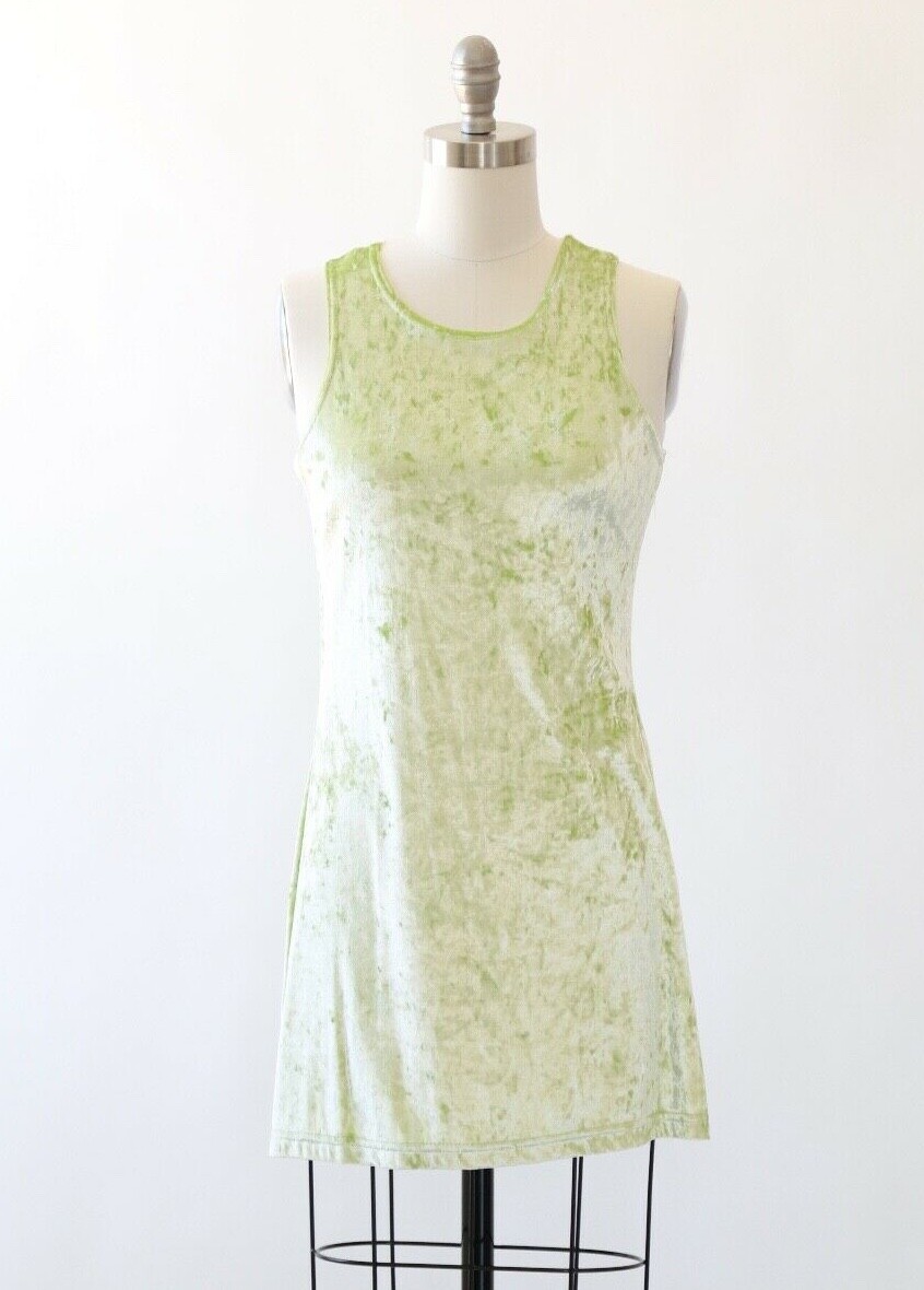 Vintage 90s neon lime green Velvet mini Dress S M Gem
