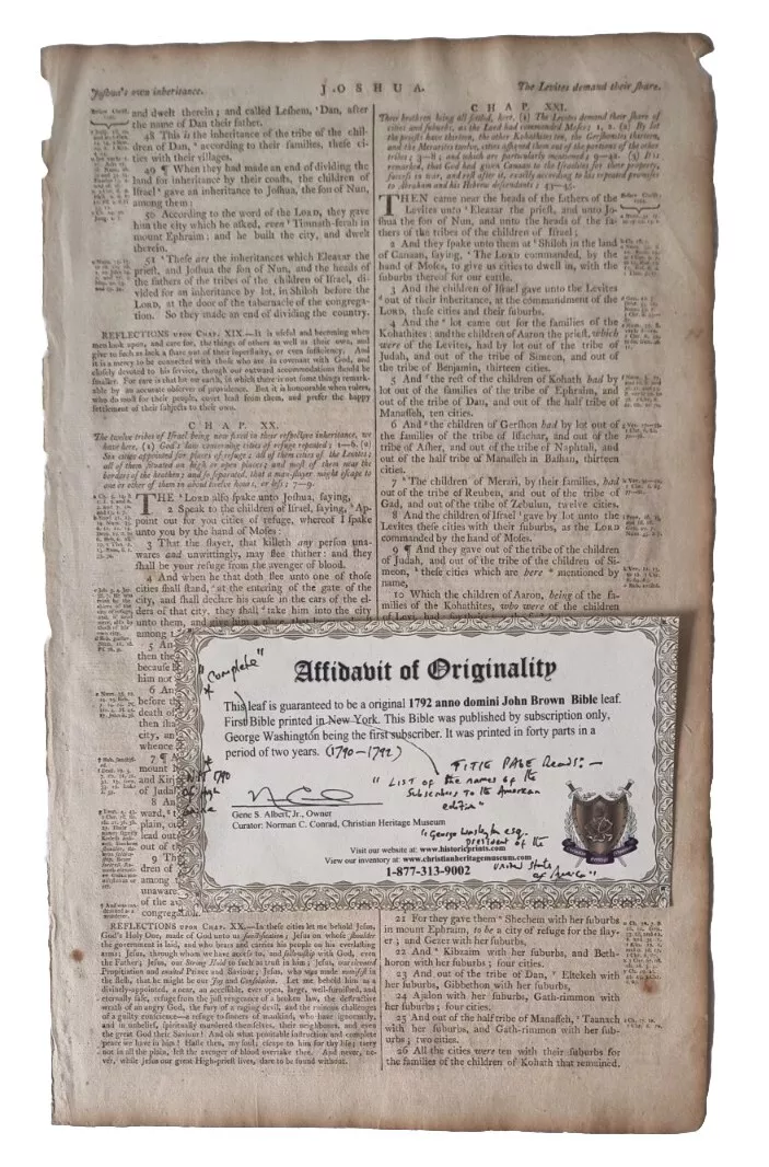 1792 JOHN BROWN BIBLE LEAF First Complete Bible Printed in New York