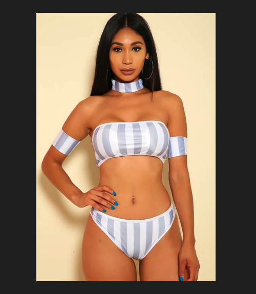 Swimsuit Bikini Set Pink White Stripe | Padded Bikini Top & Bottoms | LIGHT PINK-image