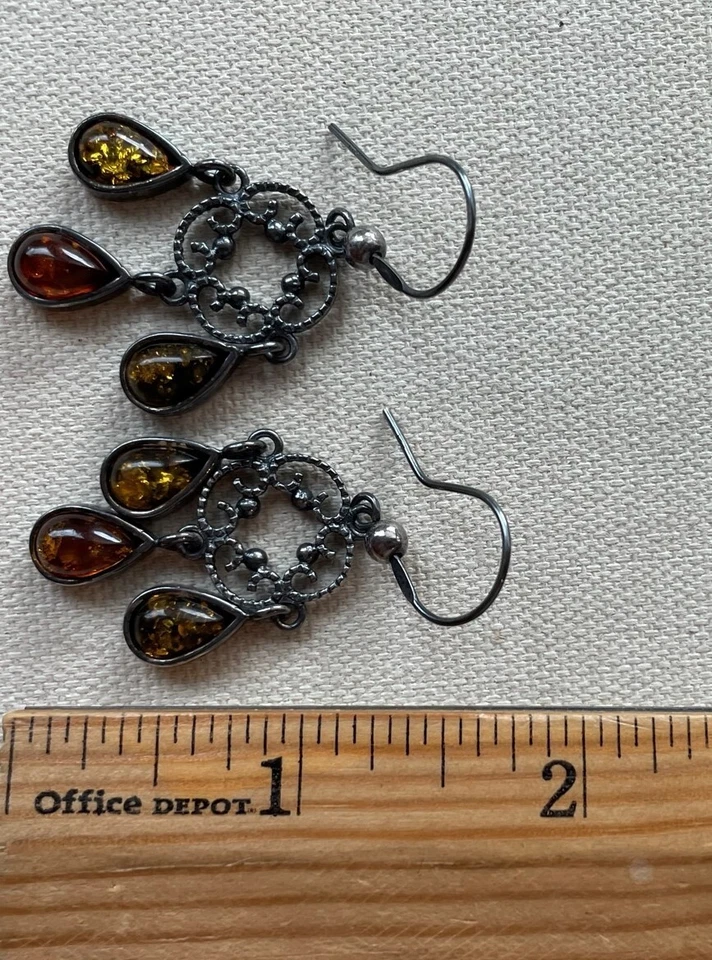 Gunmetal Chandelier Earrings Sterling Caviar Cable Dangle Steampunk Gothic 2" - Image 4 of 4