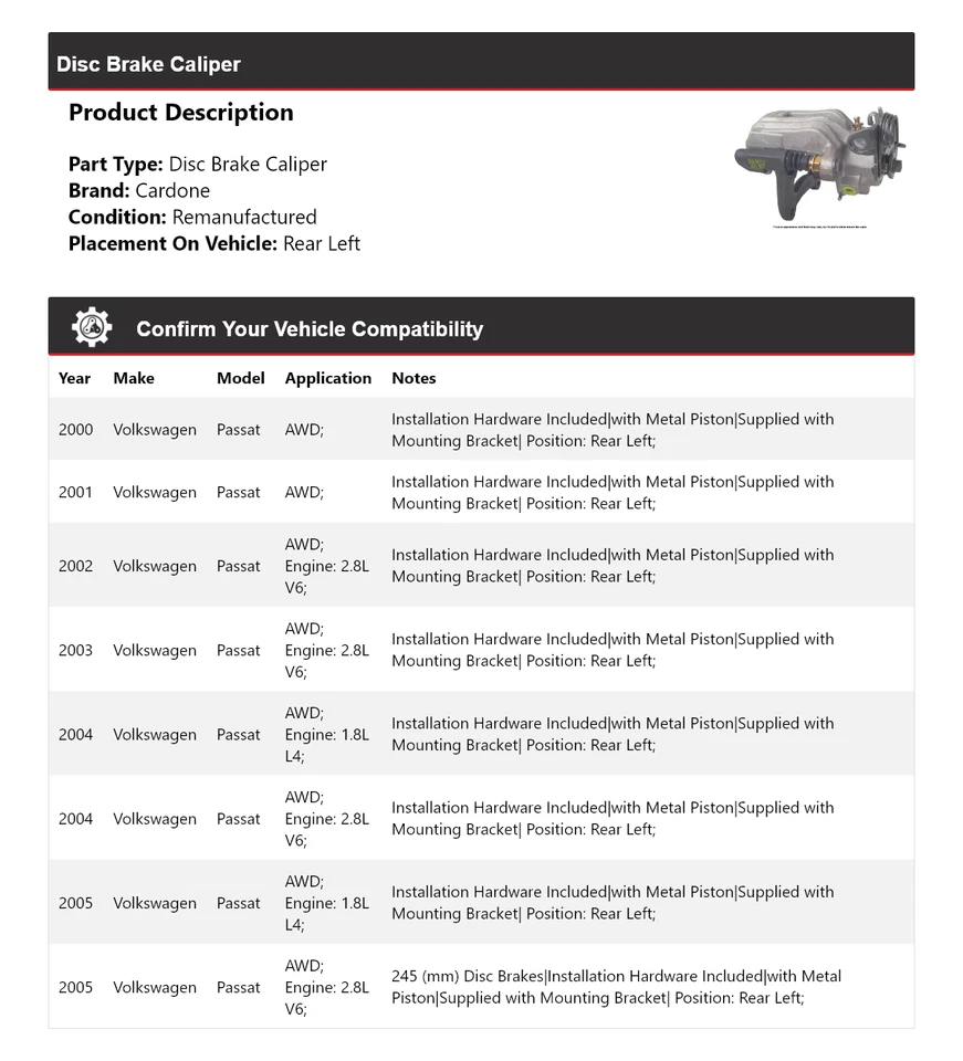 Pinça de freio a disco traseira esquerda Cardone 2001 Volkswagen Passat AWD para 2000-2005 - Imagem 2 de 4