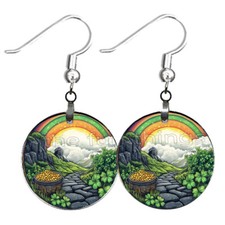 Rainbow Pot of Gold Shamrocks St Patrick's Day Earrings NO TARNISH Wood Dangle