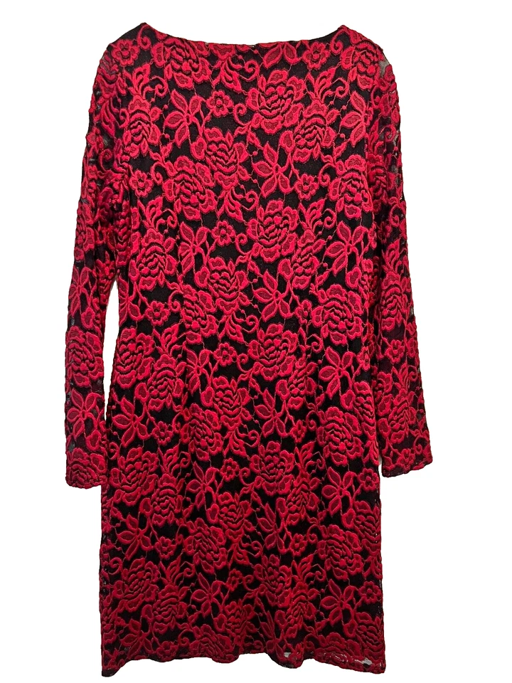 Eliza J Lace Long Sleeves Red/Black Cocktail Sheath Dress Sz 12 - Image 3 of 4