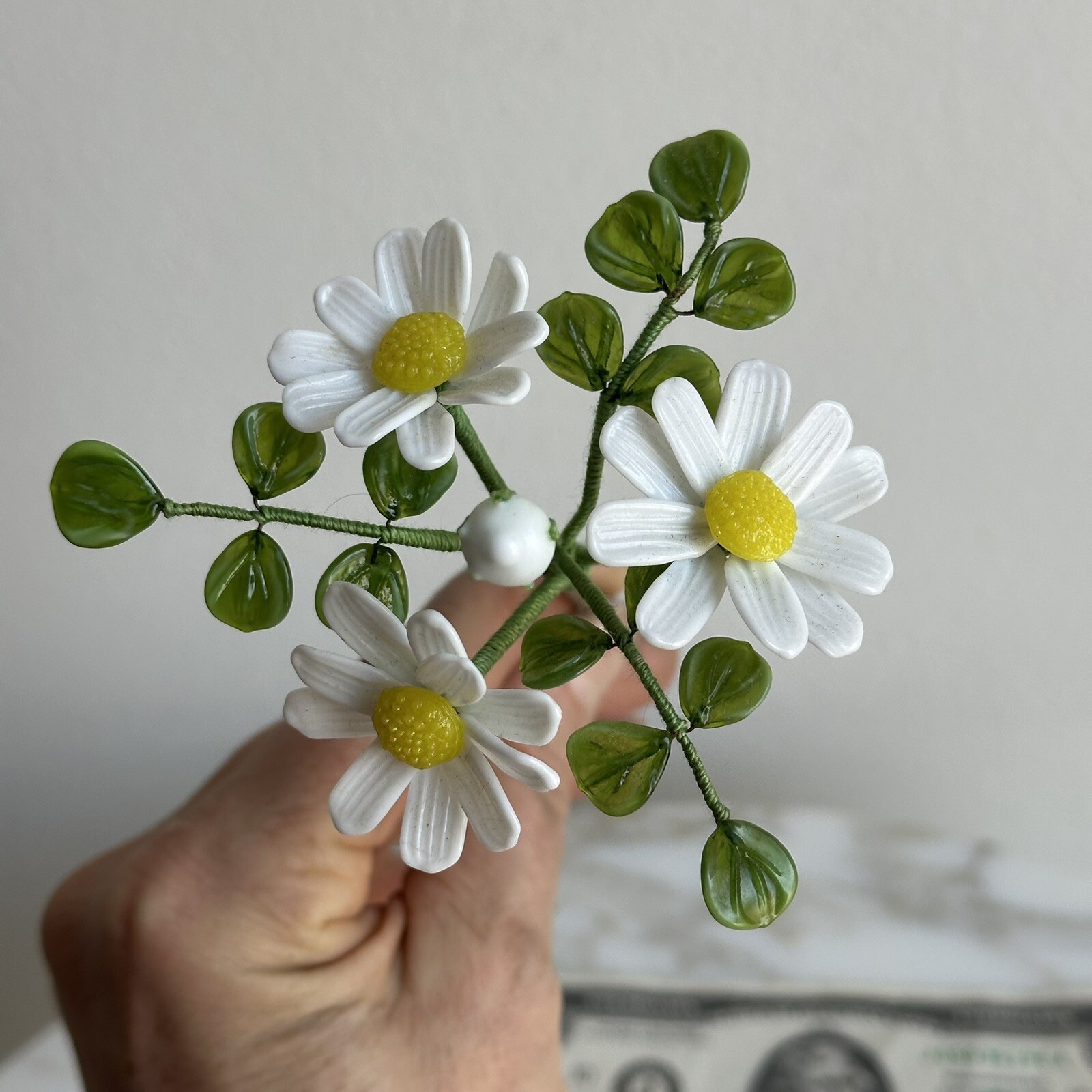 Vintage Czech Bohemian Glass Floral Bouquet-White Flower Blossom-Daisy