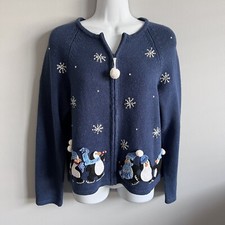 Tiara Girls Size 12/14 Blue Christmas Penguins Cardigan Front Zip Sweater