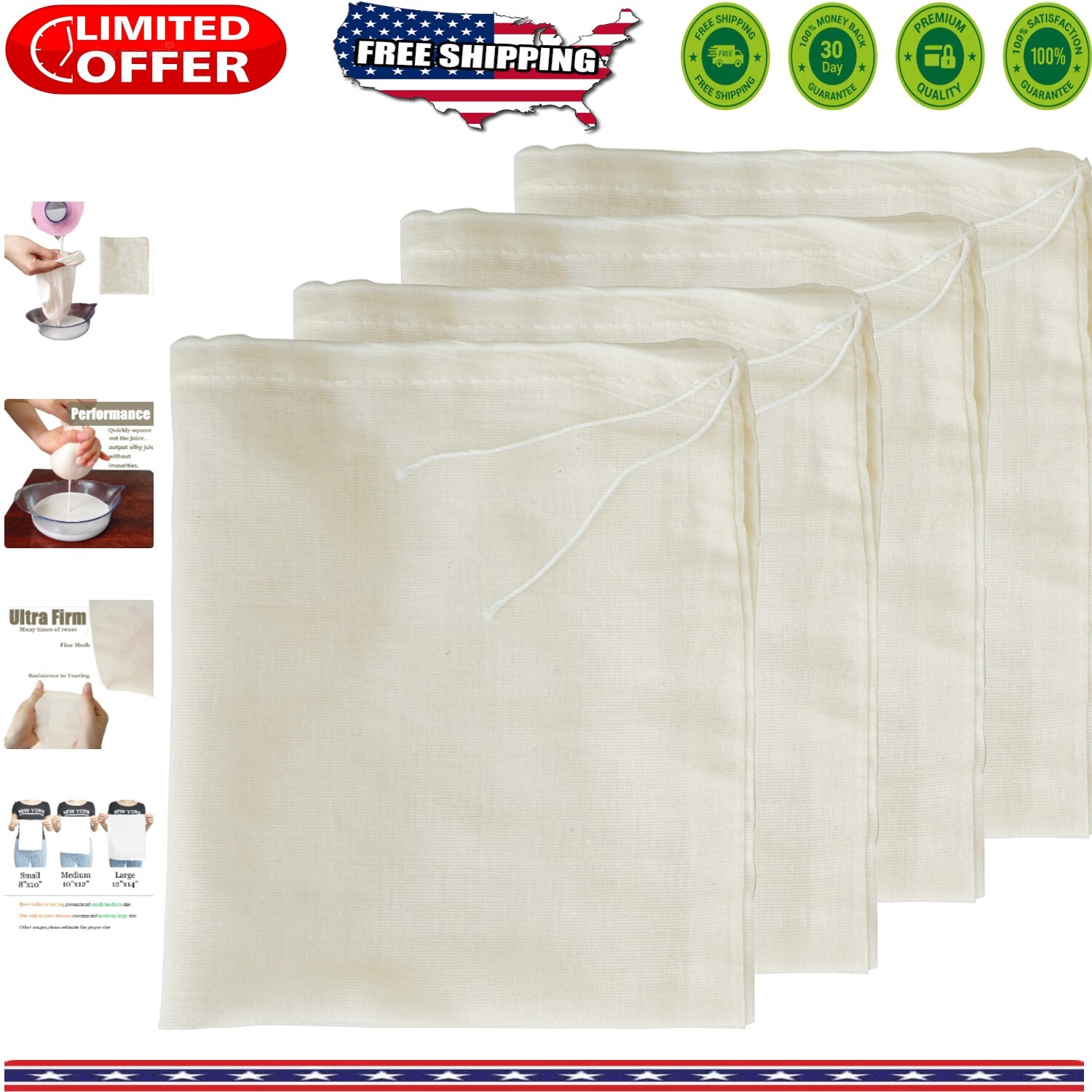Versatile Natural Cotton Fine Mesh Strainer Bags - 4-Pack Large Size-image