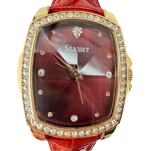 Stauer Classic Womens Red Dial Crystal Bezel Gold Tone Leather Watch New Battery