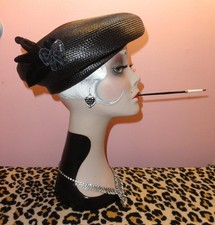 Vintage Black Woven Beret Hat w/ Sequins Bow and Feathers church hat rockabilly