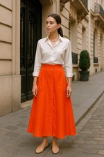 VNTG Enrico Coveri "You Young   Italy long orange linen skirt pockets buttons 8