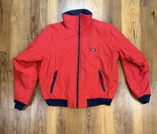 Vintage Woolrich Full Zip Size Large Red Fleece Lined Blue Sweater Turtle Neck