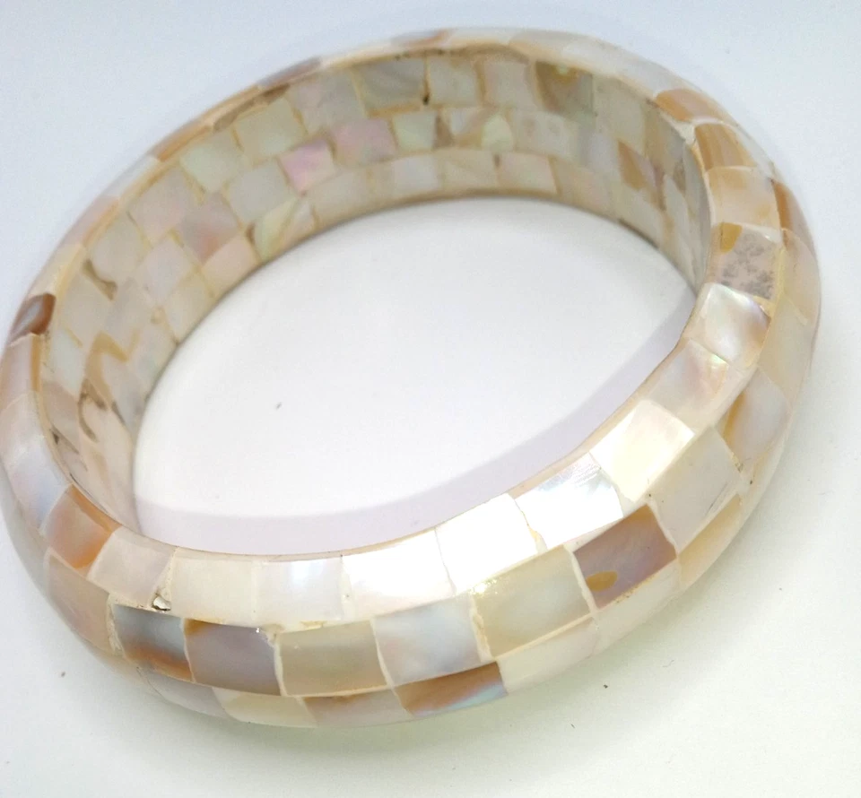 Vintage Mother Of Pearl Inlaid Mosaic Cream Colors Bangle Bracelet - Image 4 of 4